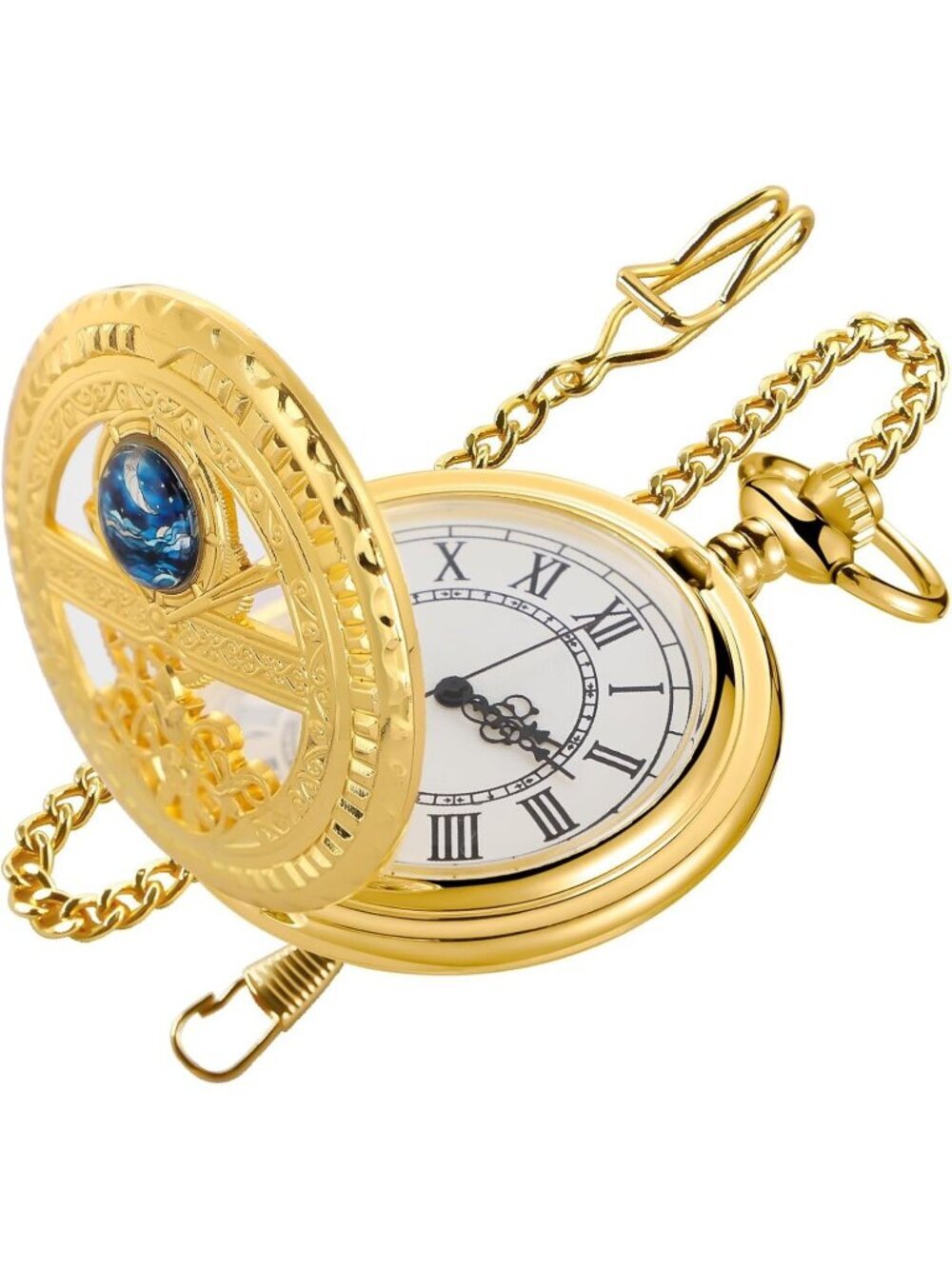 Men's All Gold Analog Quartz Arabic Numeral Moon Phase Chain Dial Pocket Watch